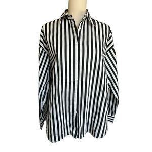 Commense Women's Small Black White Stripe Oversize Button Up Long Sleeve Shirt